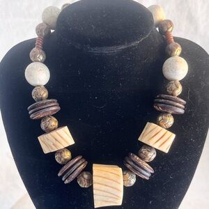 Chunky Beaded bone wood & brass Necklace Boho